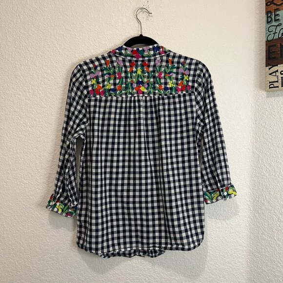 Intro Navy Blue White Gingham Floral Embroidered Button Up 3/4 Sleeve Top Sz PL - Picture 4 of 10